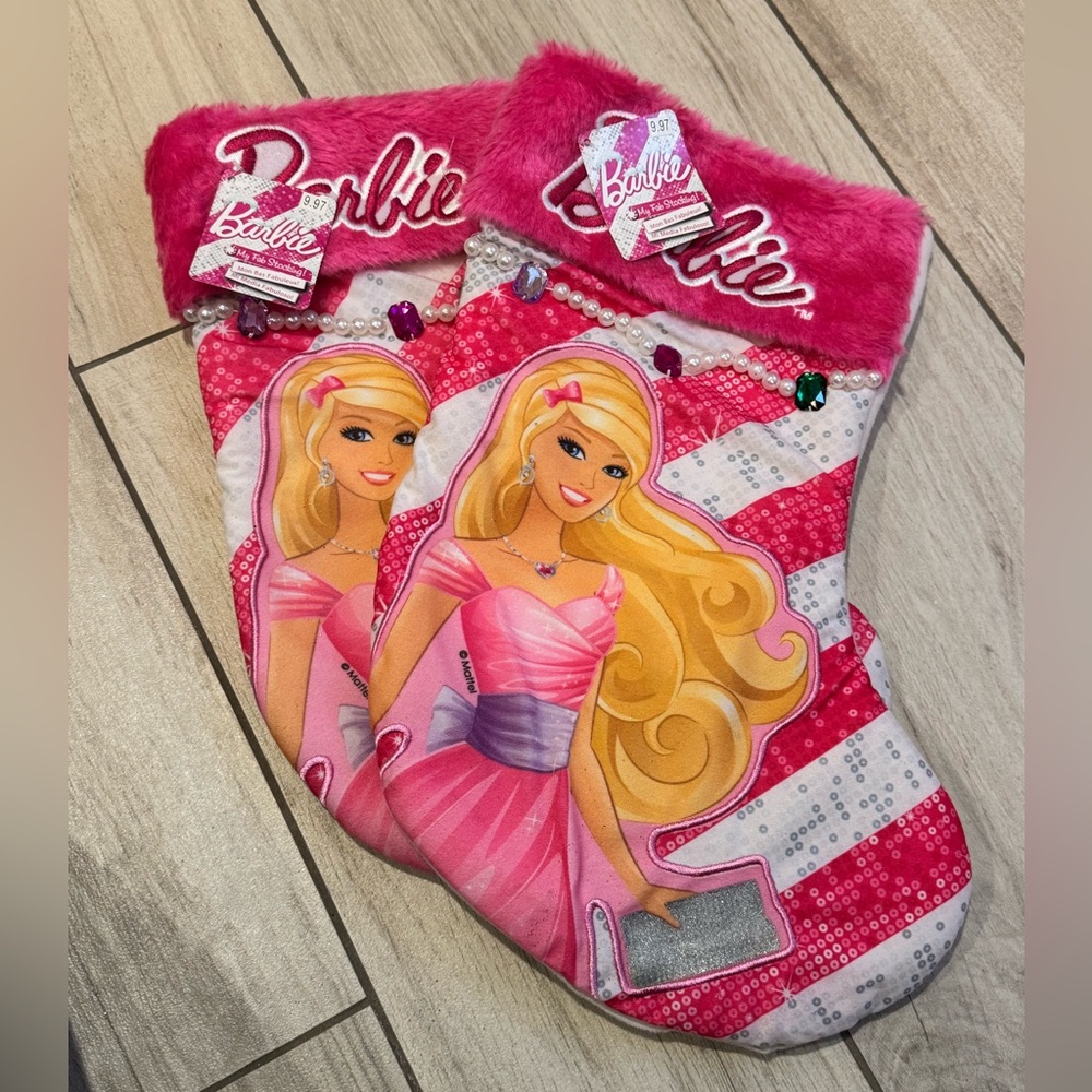 NWT! MATTEL BARBIE Pink and White Striped Jewel Accent Stockings - Picture 5 of 7